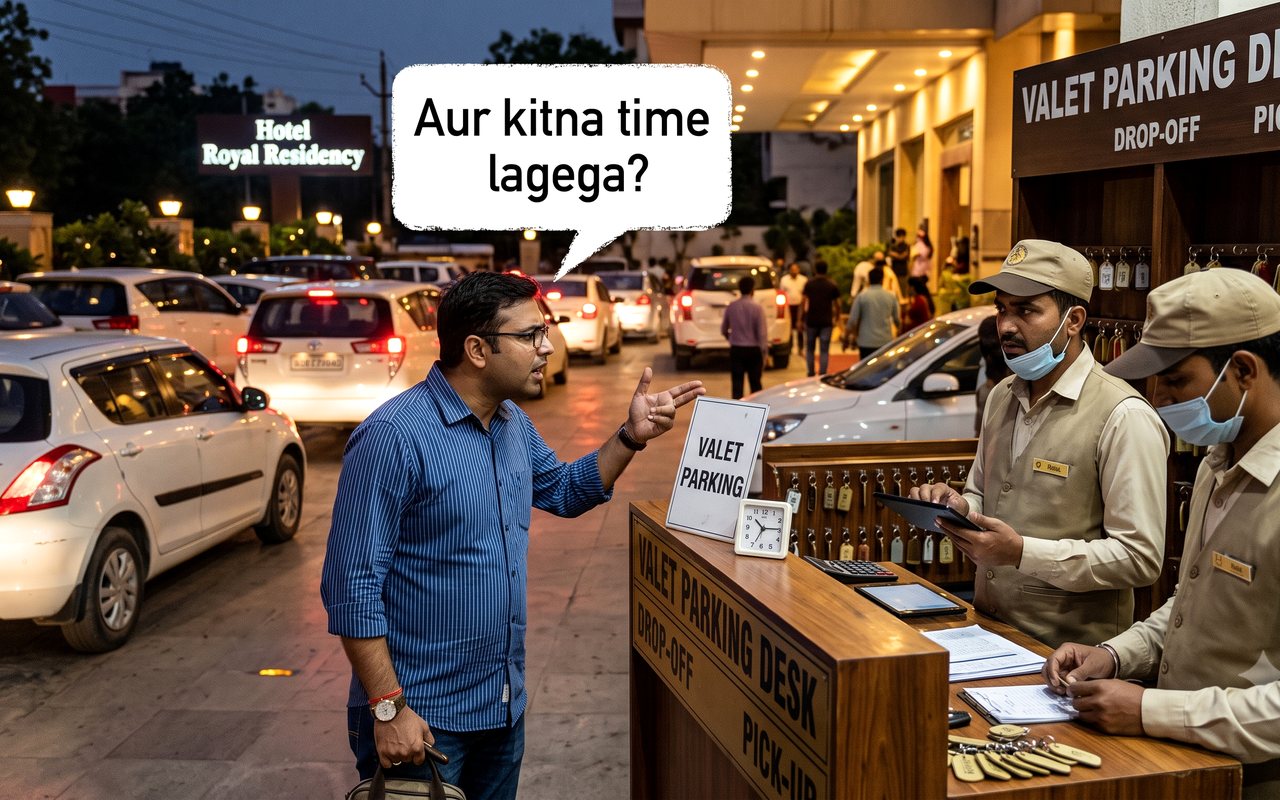 A guest asking a valet desk how much longer the wait will be